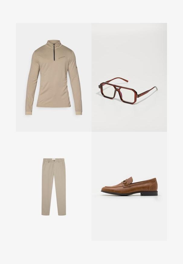 Divkāršais vilnas mētelis tumši brūnā krāsā ar sabiedroto apkakli, divām priekšējām kabatām un melnām pogām. Gluda tekstūra un pielāgota forma.; Beige garšs piedurkņu krekls ar augstu apkakli un pusē zīmuļa rāvējslēdzēju. Iezīmējas ar diagonālu šuvju un maigiem zīmola elementiem uz krūtīm. Gluda tekstūra.; Bēgi pielāgoti bikses, izgatavotas no gludas auduma. Īpašības: priekšējās kabatas, pogu aizdare un elegants, taisna kāju dizains.; Brūni ādas mokasīni ar plakanu papēdi, ar dekoratīvu metāla akcentu priekšpusē, glītu dizainu un gludu tekstūru.; Brūni caurspīdīgi lieli briļļu rāmji ar taisnstūra lēcām un slaidām kājām. Leņķīgas, nedaudz noapaļotas stūri un redzami stiprinājumi.