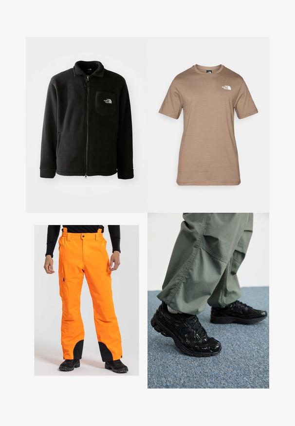 Zwarte fleece jack met ritssluiting aan de voorkant, hoge kraag, elastische manchetten en een borstzak met een logo. Zachte textuur, casual ontwerp.; Korte mouwen, lichtbruin katoenen t-shirt met een klein wit logo op de borst. Klassieke ronde hals, gladde textuur en een standaard pasvorm.; Oranje waterdichte broek met verstelbare bretels, cargozakken en zwarte accenten bij de broekspijpen. Geschikt voor buitenactiviteiten in koud weer.; Zwarte sport sneakers met glanzende en mesh texturen, voorzien van een dikke zool en veters, gecombineerd met losse olijfgroene cargobroeken.