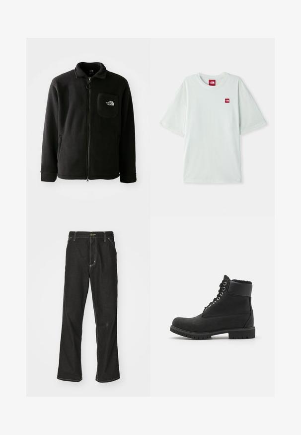 Melnas vilnas jaka ar rāvējslēdzēja priekšpusi, augstu apkakli, elastīgām piedurknēm un krūšu kabatu ar logotipu. Mīksta tekstūra, ikdienišķs dizains.; Gaiši zaļa īsām piedurknēm T-kreklu, izgatavotu no mīksta kokvilnas, ar mazu sarkanu logo etiķeti kreisajā krūtīs. Brīvs griezums un apaļa kakla izgriezums.; Melni džinsi ar brīvu piegriezumu, ar kontrastējošu baltu diegu, pogu aizdari un taisnu kāju dizainu.; Melni potīšu zābaki, kas izgatavoti no zamša ar gumijas zoli, ar metāla acīm, šņorēm un mīkstas mākslīgās kažokādas apkārtējo apmalīti.