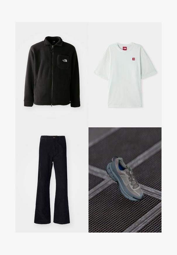 Casaco de lã preta com fecho éclair à frente, gola alta, punhos elásticos e um bolso no peito com um logótipo. Textura suave, design casual.; T-shirt de manga curta verde claro, feito de algodão macio, com uma pequena etiqueta de logo vermelha na área do peito esquerdo. Corte descontraído e gola redonda.; Calças pretas em algodão com corte flare, cintura tradicional, botão frontal único e bolsos nas laterais e nas costas. Textura suave.; Sapatilha atlética bege e cinza com parte superior em malha texturizada, ponta arredondada e sola de borracha, com atacadores e colarinho almofadado.