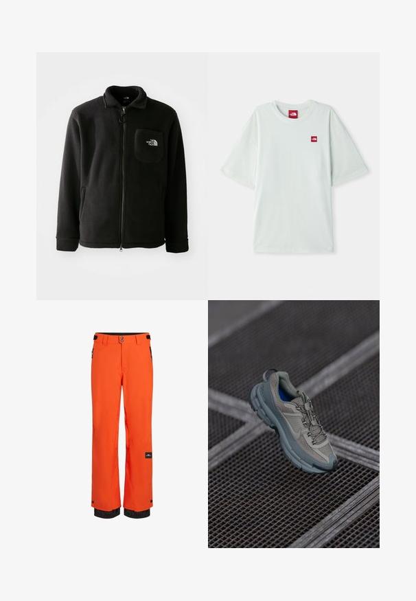 Schwarze Fleecejacke mit Reißverschluss auf der Vorderseite, hohem Kragen, elastischen Bündchen und einer Brusttasche mit Logo. Weiche Textur, lässiges Design.; Hellgrünes Kurzarm-T-Shirt aus weicher Baumwolle, mit einem kleinen roten Logostein auf der linken Brustseite. Entspannte Passform und runder Halsausschnitt.; Helle orange Skihosen aus strapazierfähigem Stoff, mit einem schwarzen Bund, verstellbaren Verschlüssen und Reißverschlusstaschen mit elastischen Bündchen.; Beige und graue Sportschuhe mit strukturiertem Mesh-Obermaterial, runder Zehenkappe und Gummisohle, ausgestattet mit Schnürsenkeln und einem gepolsterten Schaft.