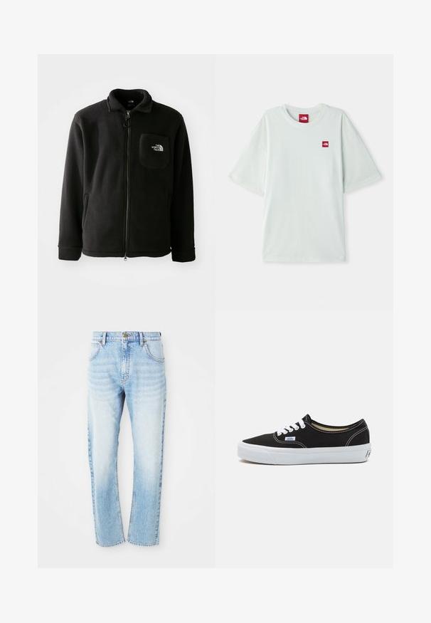 Mustmustari fliisjakk, millel on ees lukk, kõrge krae, elastsed mansetid ja rinna kohal asuv tasku, kus on logo. Pehme tekstuur, lõdva disainiga.; Heled roheline lühikeste varrukatega t-särk, mis on valmistatud pehmest puuvillast, vasaku rinnaosa lähedal on väike punane logo silt. Lõdvestatud lõige ja ümmargune kaelus.; Heledad sinine sirgjooneline teksapüksid ees taskutega, vöökummidega ja nööpkinni panevaga.; Musträärne musta kangaga sneaker valgete paeltega, kummist tallaga ja väikese sildiga. Omab kontrastset valget õmblust servadel.