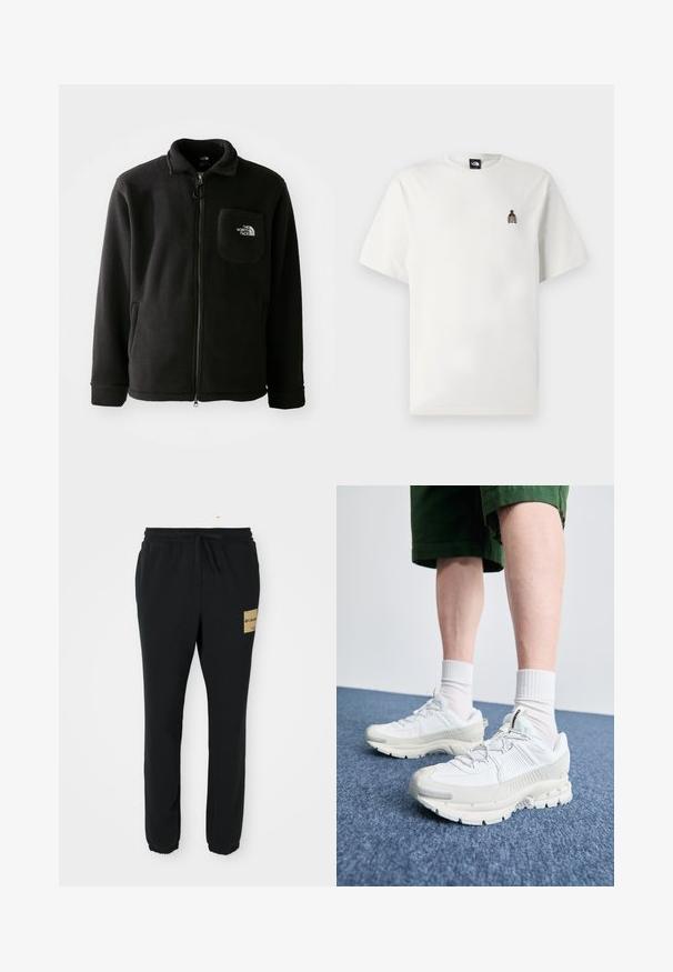 Casaco de lã preta com fecho éclair à frente, gola alta, punhos elásticos e um bolso no peito com um logótipo. Textura suave, design casual.; T-shirt de algodão branco com um pequeno gráfico bordado de uma garrafa no lado esquerdo do peito. Decote redondo clássico e mangas curtas.; Calças de treino pretas ajustadas com cintura elástica, cordão, bainhas com punho e um emblema tan da Columbia na coxa direita.; Sapatos atléticos brancos com sobreposições texturizadas, sola espessa e detalhes em cinza. Usados com meias brancas até ao tornozelo e calções verdes sobre uma superfície azul.