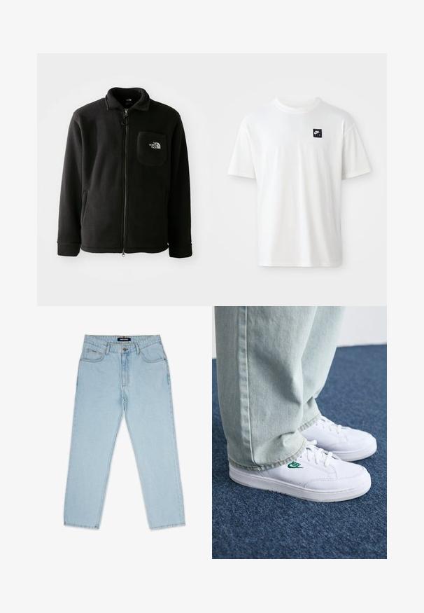 Črna flis jakna z zadrgo spredaj, visokim ovratnikom, elastičnimi manšetami in žepom na prsih z logotipom. Mehka tekstura, sproščen dizajn.; Bela bomba iz 100% bombaža s kratkimi rokavi in okroglim izrezom; na levem prsnem delu ima majhen črn pravokotni logotip Nike Air.; Svijetloplave traperice s ravnim nogavicama, koje imaju kopčanje na dugme i patentni zatvarač, petlje za remen i dva prednja džepa.; Bela usnjena športna obutev z zelenim Nike logotipom, okrogla konica, ravna podplat, v kombinaciji z svetlo modrimi kavbojkami, prikazana na modrem preprogu.