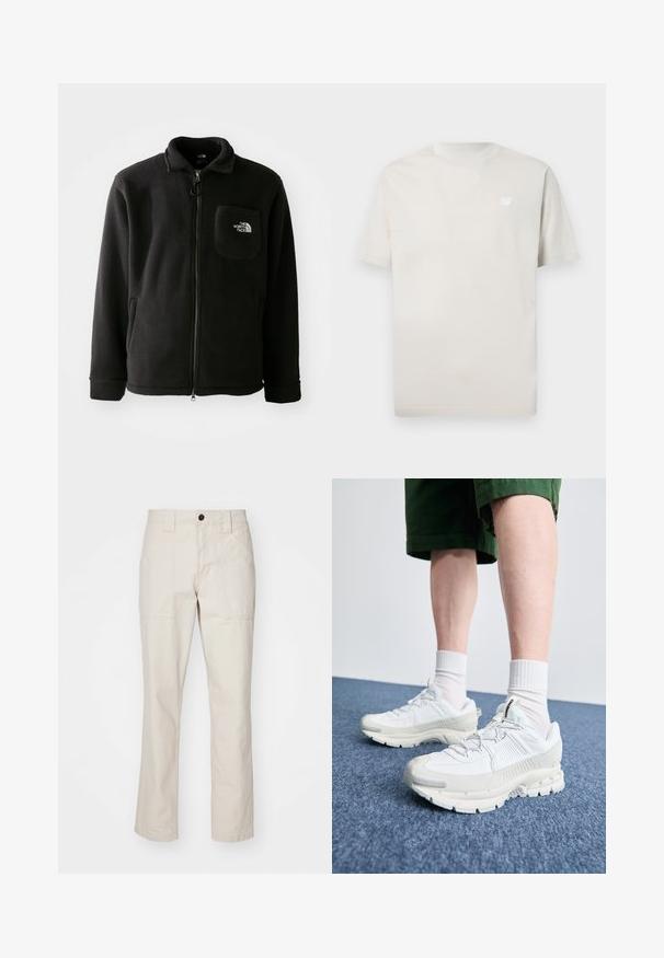 Čierna fleecová bunda na zips, s vysokým golierom, elastickými manžetami a vreckom na hrudi s logom. Mäkká textúra, voľnočasový dizajn.; New Balance ESSENTIALS - Základné tričko - grey; Béžové bavlnené nohavice so strihom rovného nohavicu, ktoré majú dve predné vrecká, jediné zapínanie na gombík a viditeľné švy.; Biele športové topánky s textúrovanými prešívaniami, robustnou podrážkou a sivými akcentami. Nosené s bielymi ponožkami po členky a zelenými šortkami na modrom povrchu.