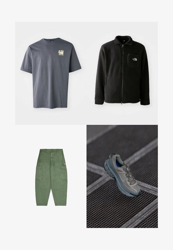 Čierna fleecová bunda na zips, s vysokým golierom, elastickými manžetami a vreckom na hrudi s logom. Mäkká textúra, voľnočasový dizajn.; Sivý tričko s krátkym rukávom z bavlny s malou kvetinovou grafikou na hrudi. Design s okrúhlym výstrihom, jemná textúra a voľný strih.; Zelené cargo nohavice vyrobené z bavlny, s viacerými veľkými vreckami, vo voľnom strihu a zacvakaním na páse. Mäkka textúra a matný povrch.; Béžová a šedá športová obuv s textúrovaným sieťovaným zvrškom, okrúhlou špičkou a gumovou podrážkou, vybavená šnúrkami a polstrovaným golierom.