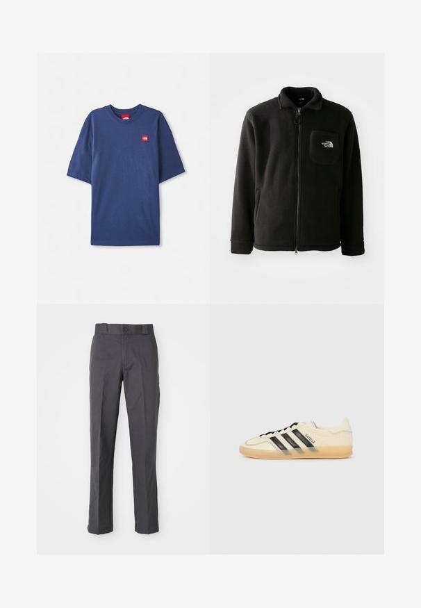 Črna flis jakna z zadrgo spredaj, visokim ovratnikom, elastičnimi manšetami in žepom na prsih z logotipom. Mehka tekstura, sproščen dizajn.; Mornarško modra kratkodlačna majica iz bombaža, s krožnim izrezom in majhno rdečo oznako na prsih.; Temno sivi hlače iz bombažnega mešanega blaga, s ravnim krojem, sprednjimi žepi in gumbom za zapiranje v pasu.; Svetlo kremne teniske z vzorcem črnih treh črt, teksturirano zgornji del, okroglo konico in gumijast podplat. Imajo vezalke in blagovno znamko na strani.
