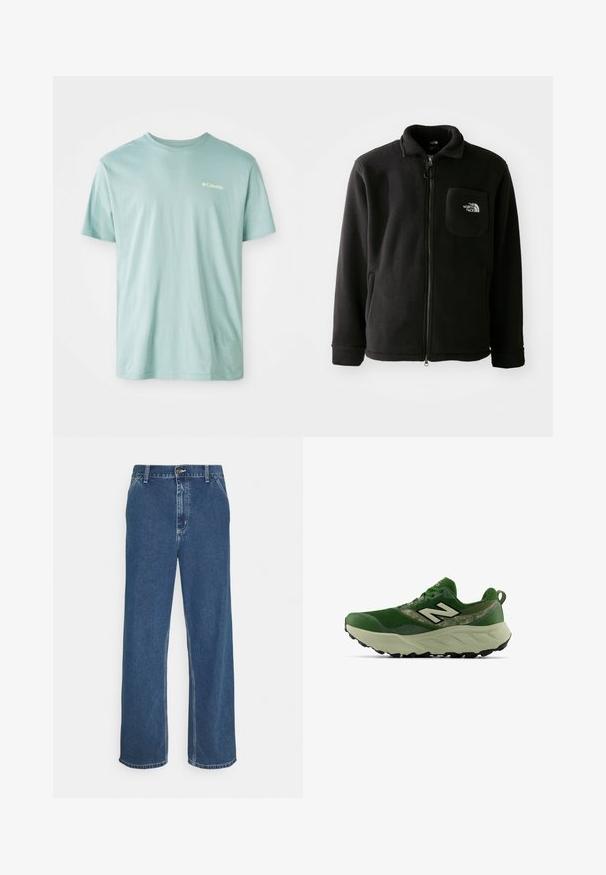 Black fleece jacket with a zip front, high collar, elastic cuffs, and a chest pocket featuring a logo. Soft texture, casual design.; Light blue cotton t-shirt with short sleeves, round neckline, and a small white logo on the chest. Soft texture, casual fit.; Blue denim jeans with a straight cut, five-pocket design, metal button closure, and visible stitching along seams and hem.; Green athletic sneaker with thick beige sole, black tread, and white "N" logo on side, shown from outer side view.