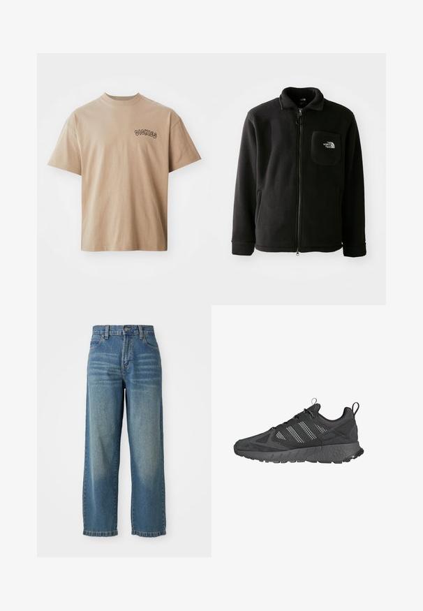 Mustmustari fliisjakk, millel on ees lukk, kõrge krae, elastsed mansetid ja rinna kohal asuv tasku, kus on logo. Pehme tekstuur, lõdva disainiga.; Beesist lühikeste varrukatega T-särk, mis on valmistatud puuvillast, ümarate kraede ja musta ümarate kiri "DICKIES" vasakul rinnakorvil.; Heledad helesin sinised laiad teksad kõrge vöökohaga, viie taskuga ja kergelt kulunud viimistlusega. Sisseehitatud nööp ja tõmblukk.; Mustad mustat spordijalatsid, mille ülemine osa on valmistatud võrgust ja nahast, tekstuuriga kummitald, pehmendatud kaelus ning iseloomulik kolm riba hallis.