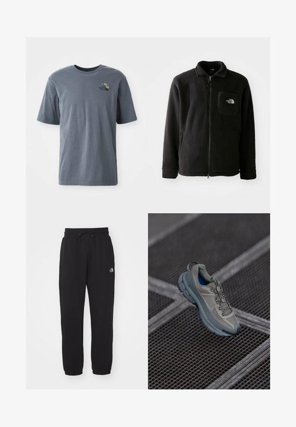 Juodas fliso džemperis su užtrauktuku priekyje, aukštu kaklu, elastingomis rankovėmis ir krūtine kišene su logotipu. Minkšta tekstūra, kasdieniškas dizainas.; Pilkos spalvos trumpų rankovių marškinėliai, pagaminti iš medvilnės, su mažuoju siuvinėtu logotipu ir gėlių raštu kairėje krūtinės pusėje.; Juodos sportinės kelnės, pagamintos iš minkštos medžiagos, su elastinga juosmens juosta ir raišteliu, apatinėmis dalimis su gumomis bei mažu logotipu viršutiniame šlaunies regione.; Bežiniai ir pilki sportiniai bateliai su tekstūruotu tinkliniu viršumi, apvaliu pirštu ir guminiais padais, turi raištelius ir paminkštintą apykaklę.