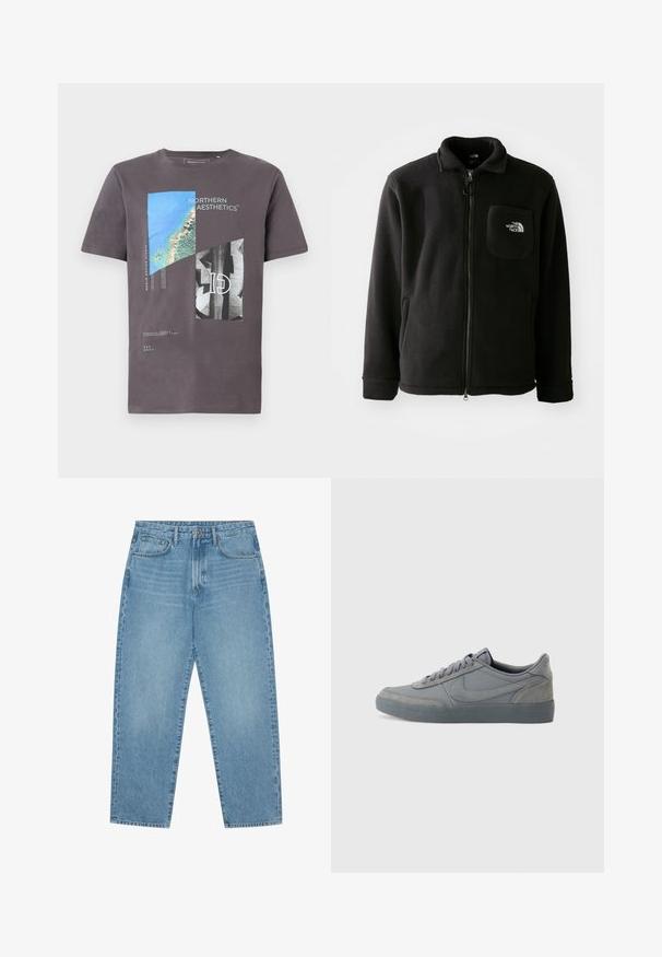 Zwarte fleece jack met ritssluiting aan de voorkant, hoge kraag, elastische manchetten en een borstzak met een logo. Zachte textuur, casual ontwerp.; Grijze katoenen t-shirt met een grafische print van blauwe en zwarte geometrische vormen en tekst, korte mouwen en een ronde hals.; Pier One Wijde jeans - dark blue denim; Grijze suède sneakers met een glad leren bovenwerk, voorzien van een gestructureerde rubberen zool en een klassieke vetersluiting. Kenmerkend swoosh-logo aan de zijkant.