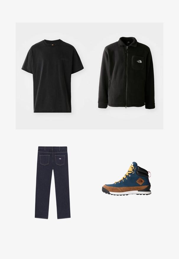 Svart fleecejakke med glidelås foran, høy krage, elastiske mansjetter og en brystlomme med en logo. Myk tekstur, uformell design.; Svart bomull t-skjorte med rund hals og kortermet. Har en litt avslappet passform, ensfarget overflate og diskret branding foran.; Mørkeblå denimbukser med rett snitt, som har to baklommer og kontrasterende gul søm. Merkelappen er på høyre lomme.; Fjellklær med marineblått stoff og brune semskede accenter. Har gule lisser, metalløye, gummisåle og en logo-patch.