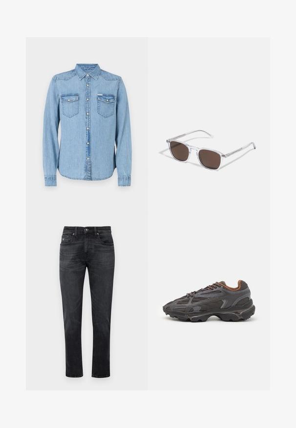 Giacca in fleece fluffy color beige con motivo floreale verde, dotata di zip frontale e tasca sul petto color cuoio. Logo Lacoste sulla tasca.; Camicia di jeans azzurra chiara con maniche lunghe, colletto appuntito e chiusura a bottoni a pressione. Presenta due tasche sul petto con patta. Taglio dritto.; Jeans in denim nero con taglio dritto, caratterizzati da un design a cinque tasche e una chiusura con cerniera. Leggere sfumature e dettagli di cucitura sulle tasche.; Sneaker Lacoste grigie scure in materiale mesh e sintetico, con suola testurizzata e dettagli marroni sul colletto e sul branding.; Occhiali da sole trasparenti in plastica con lenti rettangolari marroni, dotati di sottili aste trasparenti e dettagli in metallo sulle tempie.
