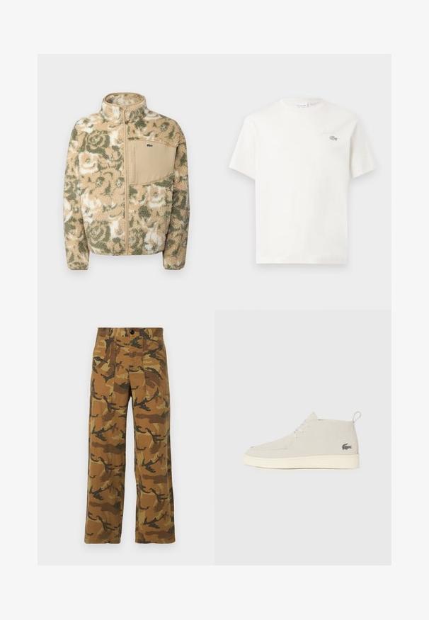 Hedvábný fleece kabát v béžové barvě s zeleným květinovým vzorem, s předním zipem a hnědou náprsní kapsou. Logo Lacoste na kapse.; Bílá bavlněná tričko s krátkými rukávy, s jemně vyšitým logem a minimalistickým designem. Měkká textura, kulatý výstřih.; Nohavice typu cargo s camo vzorem v hnědých a zelených tónech, vyrobené z lehkého materiálu, se čtyřmi kapsami a zapínáním na knoflík.; Světle šedé semišové kotníkové boty s kulatou špičkou, bílou gumovou podrážkou a jemným logem na boku. Obsahují šněrování.