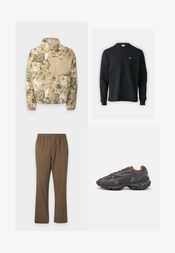 Puhast flišjakna v bež barvi z zelenim cvetličnim vzorcem, z zadrgo spredaj in svetlo rjavim žepom na prsih. Lacoste logotip na žepu.; Črna dolgi rokavi majica iz bombaža, z okroglim ovratnikom in majhnim zelenim vezenim logotipom krokodila na levem prsnem delu.; Samsøe Samsøe JABARI - Hlače - canteen; Lacoste teniske v temno sivi barvi z mrežasto in sintetično prevleko, s teksturiranim podplatom in rjavimi detajli na ovratniku ter blagovni znamki.