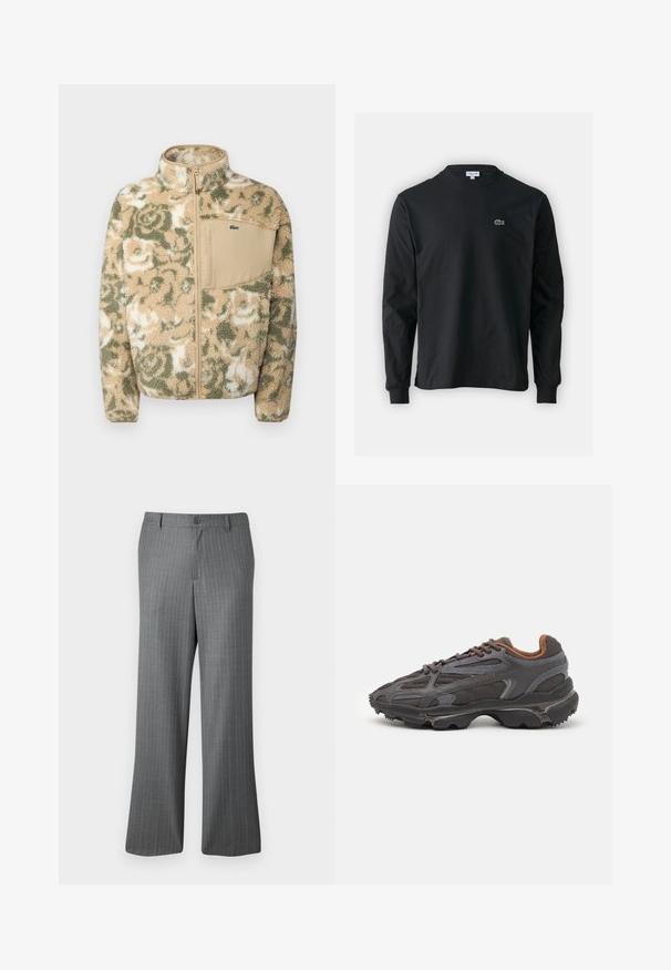 Beige Fleecejacke mit grünem Blumenmuster, mit Reißverschluss vorne und einer beigen Brusttasche. Lacoste-Logo auf der Tasche.; Schwarzes Langarm-T-Shirt aus Baumwolle, mit Rundhalsausschnitt und einem kleinen grünen, gestickten Krokodil-Logo auf der linken Brust.; Grau gestreifte Hose mit lockerem Schnitt, ausgestattet mit einem Knopfverschluss, Gürtelschlaufen und dezenten hellblauen Streifen.; Lacoste Sneaker in Dunkelgrau aus Mesh und Synthetikmaterial, mit einer strukturierten Sohle und braunen Akzenten am Kragen und Logo.