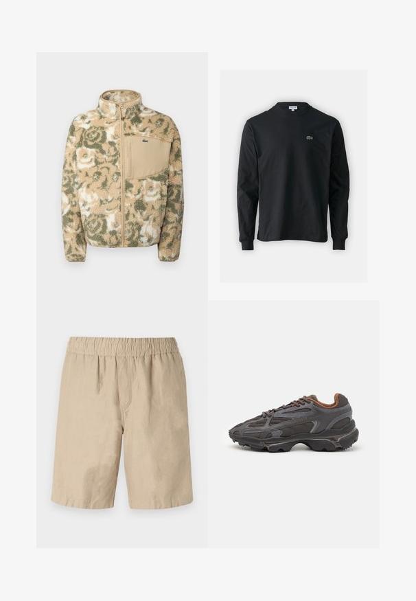 Biezs flīsa jaka beigtā tonī ar zaļiem ziedu rakstiem, ar rāvējslēdzēju priekšā un brūnu krūšu kabatu. Lacoste logo uz kabatas.; Melna garām piedurknēm t-krekls, izgatavots no kokvilnas, ar apaļu kakla izgriezumu un mazu zaļu izšūtu krokodila logo kreisajā krūtī.; Bežīgas kokvilnas šorti ar elastīgu jostasvietu, kas piedāvā brīvu piegriezumu un gludu tekstūru. Nav redzamu kabatu vai rakstu.; Lacoste kedas tumši pelēkā krāsā ar acu audumu un sintētisko materiālu, ar teksturētu zoli un brūniem akcentiem apkaklītē un zīmola uzrakstā.