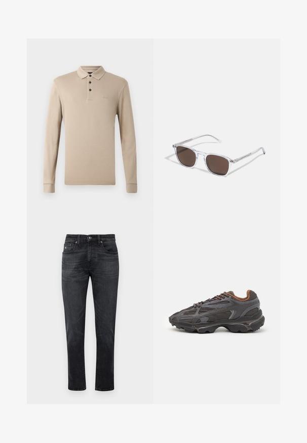 Bézs színű bolyhos fleece dzseki zöld virágmintával, elől cipzárral és világosbarna mellzsebbel. A zseben Lacoste logó található.; Zöld, hosszú ujjú polo ing, sima pamutból készült, gallérral, három fekete gombbal, és a mellkasán egy hímzett logóval.; Fekete farmernadrág egyenes szabással, öt zsebes dizájnnal és cipzáras záródással. Finom kopás és varrás részletek a zsebeken.; Sötét szürke Lacoste sportcipők hálós és szintetikus anyagból, textúrázott talppal és barna díszítésekkel a nyak részen és a logón.; Átlátszó műanyag napszemüveg téglalap alakú barna lencsékkel, vékony, átlátszó karokkal és fém díszítésekkel a halántéknál.