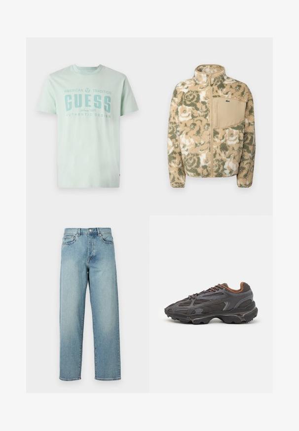 Röyhelö fleece-takki beigessä, jossa on vihreä kukkakuosi, edessä vetoketju ja vaaleanruskea rintatasku. Lacoste-logo taskussa.; Vaalean mintunvihreä t-paita, joka on valmistettu puuvillasta. Siinä on pyöreä kaula-aukko, lyhyet hihat ja etupuolella graafinen teksti: "GUESS AMERICAN TRADITION SINCE 1981."; Vaaleansiniset farkut, joissa on löysä malli, suorat lahkeet, viisi taskua ja nappikiinnitys vyötäröllä. Minimalistinen ommel yksityiskohta.; Lacoste-tennar i mörkgrått med nät- och syntetmaterial, med en texturerad sula och bruna accenter på kragen och märket.