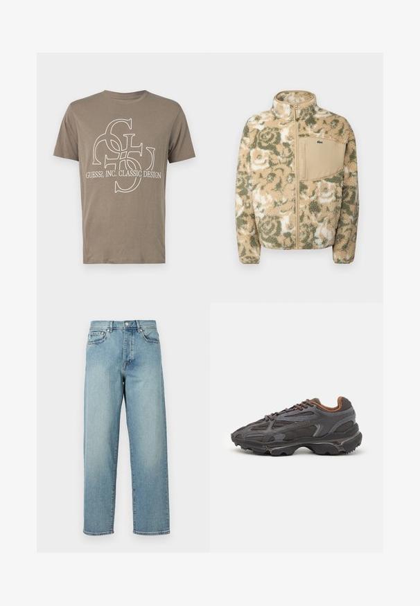 Veste en polaire bouclée beige avec motif floral vert, dotée d'une fermeture éclair à l'avant et d'une poche poitrine beige. Logo Lacoste sur la poche.; T-shirt en coton marron avec un design graphique blanc présentant des lettres entrelacées et le texte "GUESS?, INC. CLASSIC DESIGN" sur le devant.; Jean en denim bleu clair avec une coupe loose, jambes droites, design à cinq poches et fermeture à bouton à la taille. Détail de couture minimaliste.; Baskets Lacoste en gris foncé, en matériau mesh et synthétique, avec une semelle texturée et des accents marron sur le col et le branding.