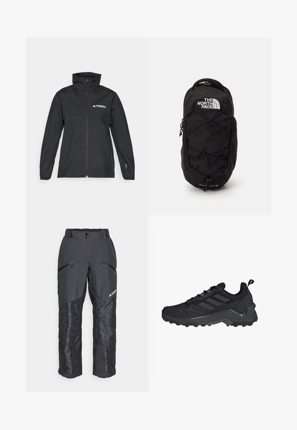Czarna kurtka TERREX z wysokim kołnierzem, pełnym zamkiem i długimi rękawami. Wykonana z lekkiego materiału z delikatnym połyskiem.; Jasnofioletowa sportowa koszulka z krótkim rękawem z siateczkowymi panelami po bokach, okrągłym dekoltem i logo na piersi. Oddychający materiał.; Czarne spodnie narciarskie z teksturowanymi dolnymi panelami, elastycznym pasem, kieszeniami na zamek z przodu oraz detalem logo z boku. Wytrzymały, wodoodporny materiał.; Czarne buty sportowe z siateczkową cholewką, trzema paskami, formowaną piętą i wytrzymałą podeszwą z wyraźnymi wgłębieniami dla lepszej przyczepności.; Czarny plecak z teksturowanym wykończeniem, z białym logo, wzorem z elastycznym sznurkiem z przodu oraz regulowanymi, wyściełanymi szelkami.