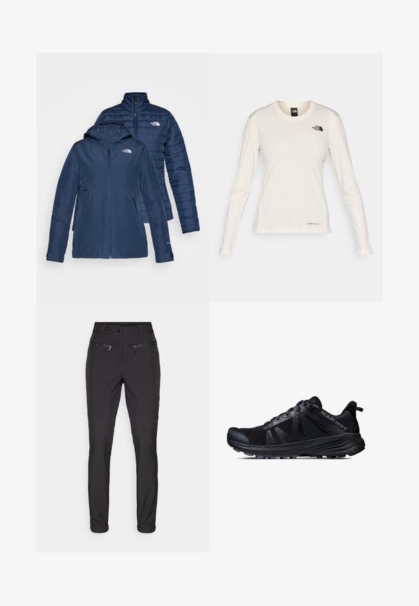 Laivastonsininen eristetty takki, jossa on huppu ja vetoketjukiinnitys. Ominaisuuksina on tikkikuvio, sivutaskut ja logo rinnassa. Käännettävä malli.; The North Face SHADOW LONG SLEEVE - Pitkähihainen paita - white dune; Mustat housut slim fit -mallilla, joissa on vetoketjulliset etutaskut ja sileä pinta. Ei näkyviä kuvioita tai koristeita.; Musta maastojuoksukenkä, jossa on verkkopinta ja kumipohja. Ominaisuuksiin kuuluvat teksturoitu päällyste, vahvistettu varvassuoja ja merkin logo kantakupissa.
