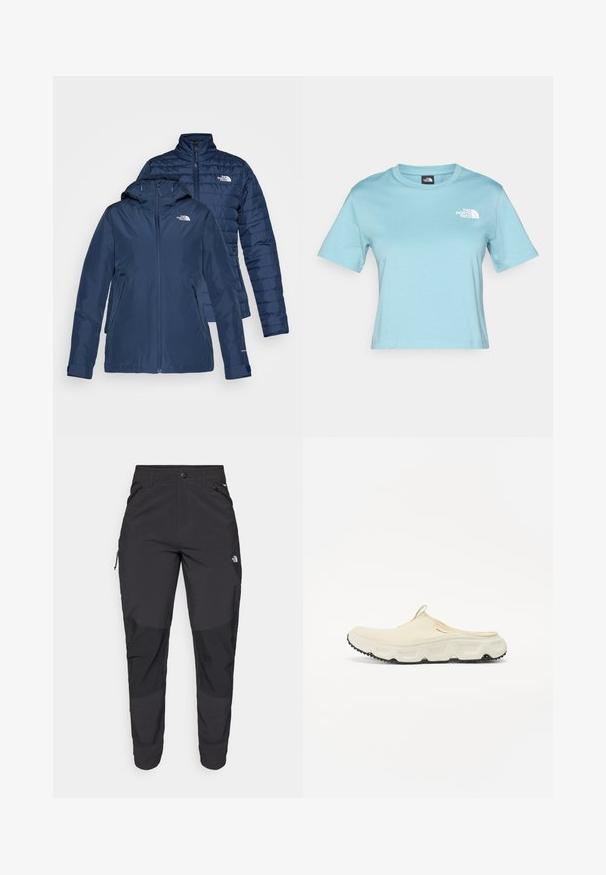 Temno modra zimska jakna s kapuco in zadrgo. Ima prešito teksturo, stranske žepke in logo na prsih. Obrnljiva zasnova.; Svetlo modra bombažna majica s kratkimi rokavi in krožnim izrezom. Ima majhen bel logotip na prsih ter sproščen kroj.; Črne zunanje hlače iz trpežnega materiala. Imajo žepke na zadrgo, ojačane kolenske dele in ravno krojeno zasnovo za prosto gibanje.; Kremna mrežasta slip-on obutev z debelim belim podplatom in črnim teksturiranim podplatom. Ima zanko na peti za enostavno obuvanje.