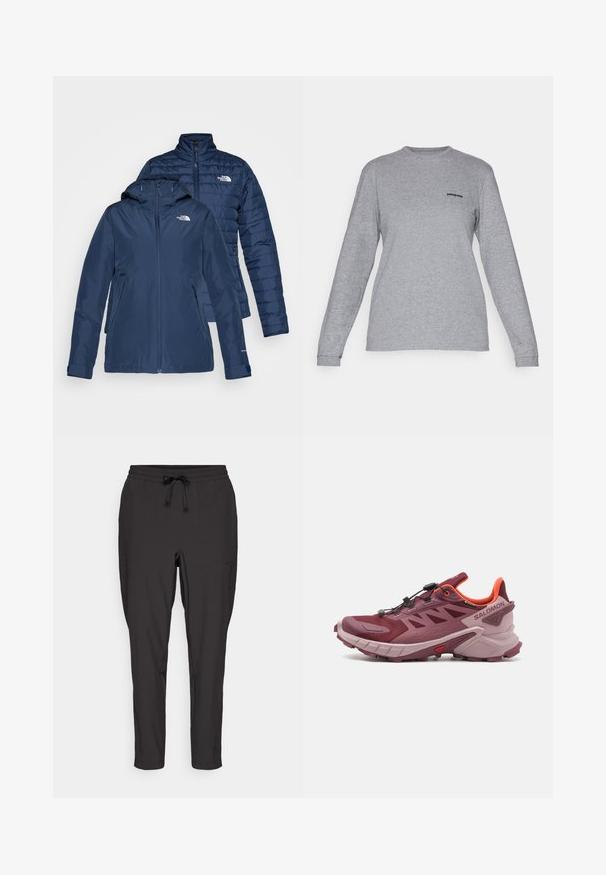 Navy blue insulated jacket with a hood and zip closure. Features quilted texture, side pockets, and logo on the chest. Reversible design.; Patagonia LOGO RESPONSIBILI-TEE - Long sleeved top - gravel heather; Black jogger pants with an elastic waistband, drawstring detail, and side pockets. Made from a smooth, lightweight fabric.; Trail running shoe in burgundy and pink. Features a mesh upper, lightweight sole, and dynamic traction with visible lugs. Elastic lacing system included.