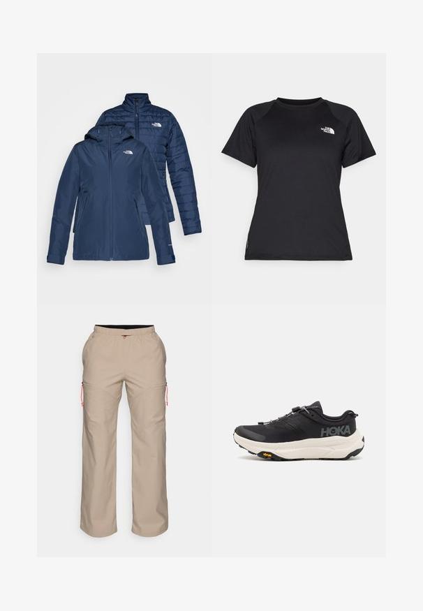 Granatowa, ocieplana kurtka z kapturem i zapięciem na zamek. Posiada pikowaną fakturę, kieszenie boczne oraz logo na klatce piersiowej. Odwracalny design.; Czarny sportowy t-shirt z krótkim rękawem i okrągłym dekoltem, z logo The North Face na górnej lewej części klatki piersiowej.; Peak Performance - Długie spodnie trekkingowe; Czarne buty sportowe z oddychającą siateczką, gumową podeszwą, białą wkładką amortyzującą i odblaskowymi sznurowadłami. Logo Vibram na podeszwie.