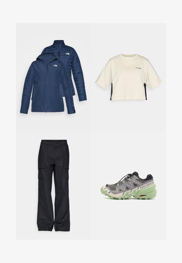 Marineblauwe geïsoleerde jas met capuchon en ritsluiting. Beschikt over een gewatteerde textuur, zijzakken en een logo op de borst. Omkeerbaar ontwerp.; Crème kleurige cropped t-shirt met een ronde hals, korte mouwen en zwarte zijkanten; heeft een klein zwart logo op de borst.; Columbia BREA FALLS™ COTTON RIPSTOP PANT - Outdoorbroeken - black; Grijze trailrunning schoen met een gestructureerde mesh bovenkant, groene rubberen zool en opvallende designelementen, waaronder een snelvetersysteem en logo.