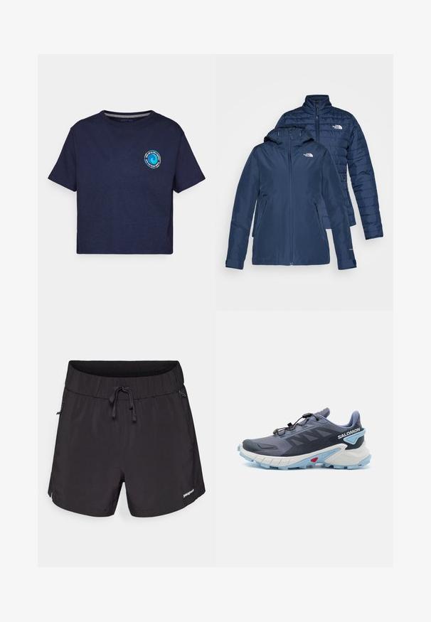 Navy blue insulated jacket with a hood and zip closure. Features quilted texture, side pockets, and logo on the chest. Reversible design.; Patagonia UNITY FITZ EASY CUT RESPONSIBILI-TEE - Print T-shirt - new navy; Black swim shorts made from lightweight fabric, featuring an elastic waistband, drawstring, and side pockets for functionality.; Running shoes in dark blue and gray, featuring a mesh upper, quick lace system, padded collar, and textured sole with light blue accents.