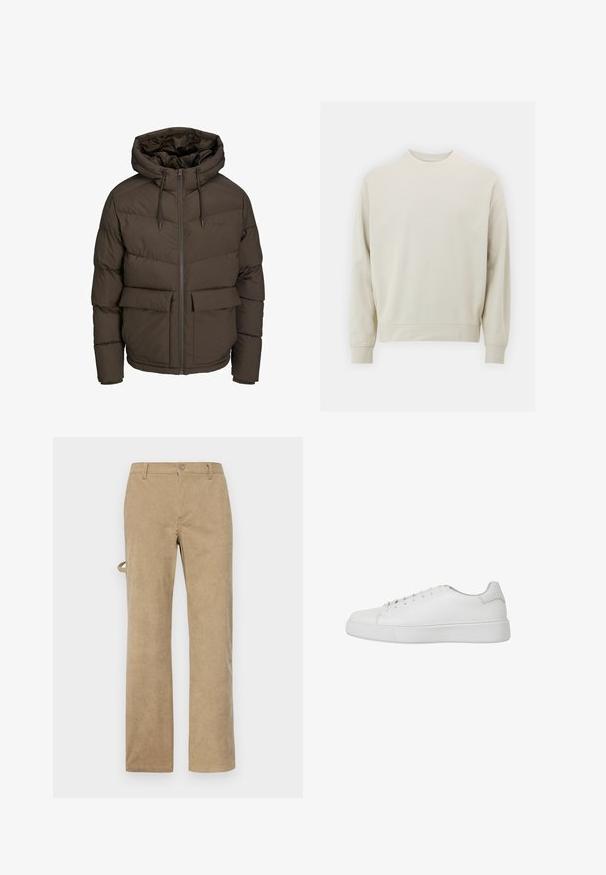 Brown puffer jacket with a hood, featuring horizontal quilted sections, two front pockets, and a full-length zipper with toggle drawstrings.; Light beige sweatshirt made of soft fabric with a crew neck, long sleeves, and ribbed cuffs and hem. Minimalist design, no visible patterns.; Beige corduroy trousers with a straight cut, featuring a front button closure and belt loops. Textured fabric with vertical stripes.; White sneaker made of smooth leather with a rounded toe, stitched details, and a flat rubber sole. Minimalist design with lace-up closure.