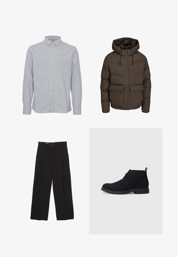 Brun pufferjakke med hætte, prydet med vandrette quiltede sektioner, to forlommer og en fuldlængde lynlås med snoretræk.; Stribet skjorte i blå og hvid. Har krave, lange ærmer og en lige kant. Fremstillet af letvægtsstof med en glat overflade.; Sorte bukser med bred benvidde lavet af glat stof, med flad talje, frontfolder og en enkelt knaplukning.; Sorte ruskinds ankelstøvler med en rund tå, snørebåndsdesign og en tekstureret gummisål. Har en lille løkke bagpå.