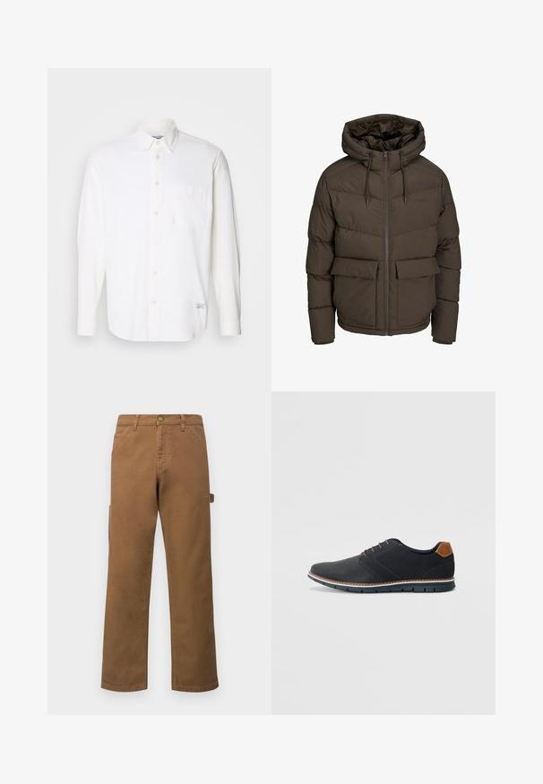 Braune Pufferjacke mit Kapuze, die horizontale Steppabschnitte, zwei Fronttaschen und einen durchgehenden Reißverschluss mit Kordelzügen aufweist.; Weißes Langarmhemd aus Baumwolle mit Kentkragen, einer Brusttasche und dezent strukturiertem Stoff.; Braune Baumwoll-Cargohosen mit geraden Beinen, versehen mit Seitentaschen und einem Metallknopfverschluss an der Taille. Glatte Textur und lässiges Design.; Schwarze synthetische Schuhe mit einer strukturierten Oberseite, glatten Akzenten, braunem Absatz und einer kontrastierenden Sohle. Verfügt über minimale Schnürung und Nähdetails.