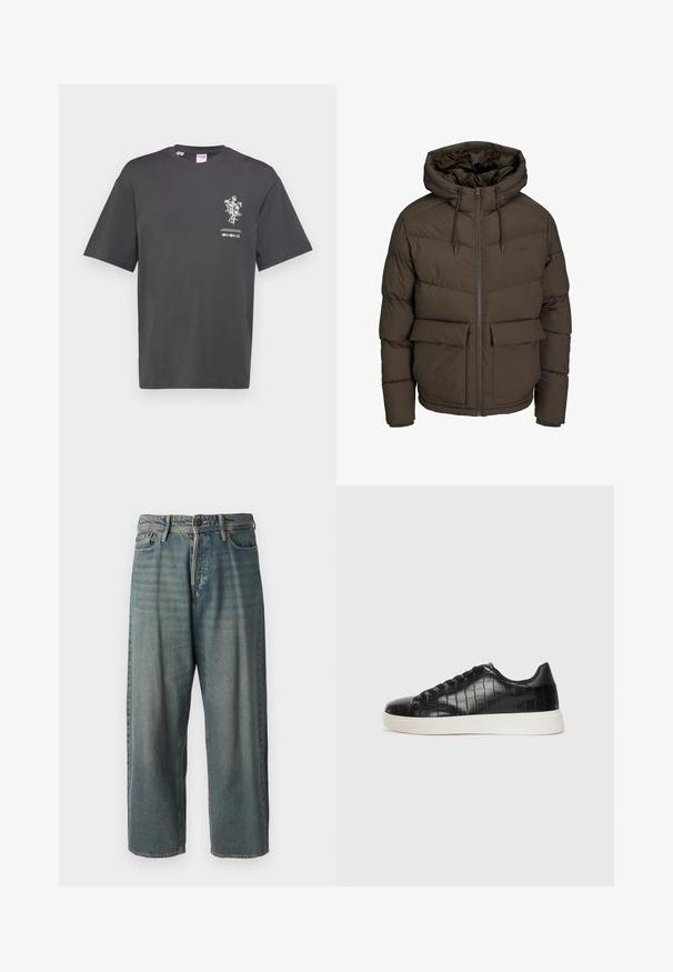 Rudas pūkuotasis džemperis su kapišonu, su horizontaliais siuvinėjimais, dviem priekinėmis kišenėmis ir pilno ilgio užtrauktuku su reguliuojamomis virvėmis.; Tamsiai pilka medvilninė marškinėliai su trumpomis rankovėmis, su gėlių grafiniu spaudiniu ir tekstu priekyje. Apskritas iškirpimas, laisvas siluetas.; Šviesiai mėlyni džinsai su laisvu siluetu, vidutinio aukščio juosmeniu ir tiesiomis kojomis. Su penkiais kišenėmis, diržo kilpo ir mygtukų uždarymu.; Juodi sportiniai batai su tekstūruotu krokodilo odos pamušalu, apvalia kojų dalimi ir kontrastinga balta guma su lygiu paviršiumi.