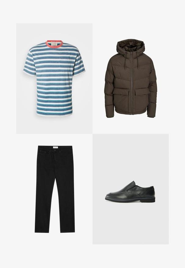 Brun pufferjakke med hætte, prydet med vandrette quiltede sektioner, to forlommer og en fuldlængde lynlås med snoretræk.; Scotch & Soda STRIPE POCKET - T-shirts print - off white harbour teal multicolour; Sorte lige ben jeans med fem-lomme design, knap- og lynlåslukning samt et Pier One mærkeetiket på taljen.; Sorte læder slip-on sko med en glat overdel, syede detaljer, rund tå og en lav gummihæl. Sålen har minimal profil.
