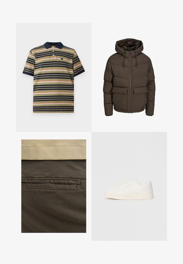 Hnědá péřová bunda s kapucí, s vodorovně prošívanými sekcemi, dvěma předními kapsami a zipem po celé délce se stahovacími šňůrkami.; Pánská polokošile s krátkým rukávem, námořnickým límcem, olivovou základnou a vodorovnými pruhy v námořnické modré, korálové a světle modré barvě, s malým logem na hrudi.; Hnědé bavlněné kalhoty s viditelnou zadní kapsou, zvýrazněné jemným prošíváním a hladkou texturou. Pas je v kontrastní béžové barvě.; Bílé slip-on tenisky s texturovaným povrchem, silnou podešví a minimalistickým designem. Na boku je umístěno logo značky.