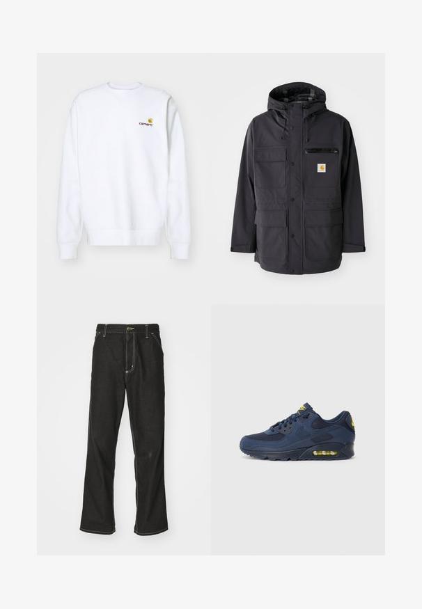 Zwarte hooded jacket van een gladde stof, met meerdere voorkruiszakken, een ritszak op de borst en een logo patch.; Carhartt WIP AMERICAN SCRIPT - Sweater - white; Zwarte denim jeans met een losse pasvorm, voorzien van contrasterende witte stiksels, een knoopsluiting en een recht ontwerp.; Marineblauwe Nike Air Max sneakers met een bovenwerk van suede en mesh, voorzien van gele accenten, vetersluiting aan de voorkant en zichtbare luchtvering in de zool.