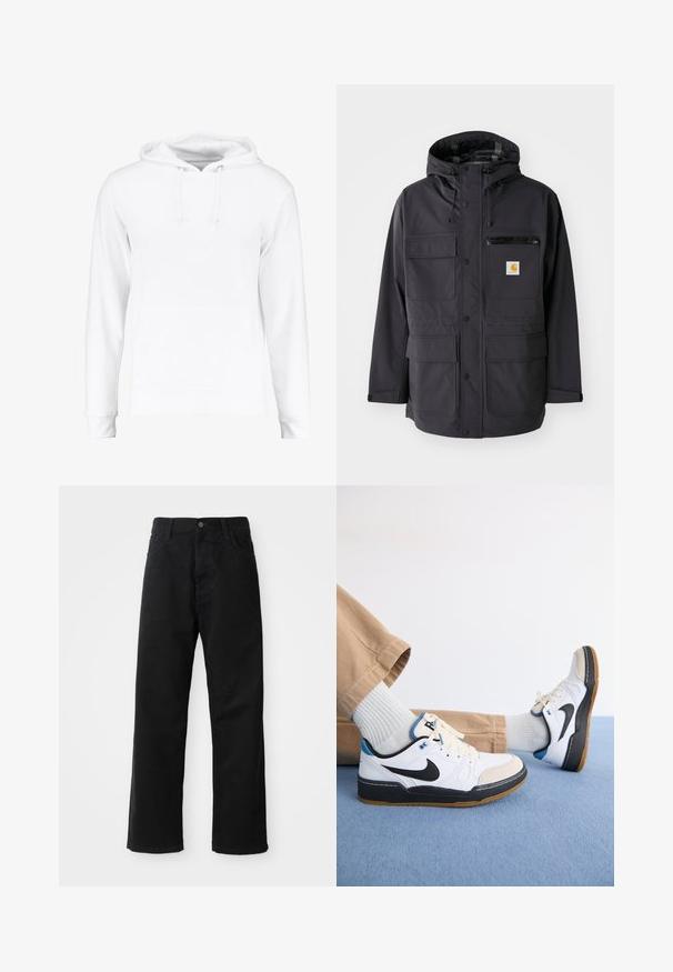 Melnas kapuces jaka ar gludu audumu, kurai ir vairāki priekšējie kabatas, rāvējslēdzēja krūšu kabata un logo plāksne.; Balta kapuce ar mīkstu materiālu, ar kanguru kabatu, auklām ap kaklu un ribotām piedurknēm un apakšmalu. Gluda tekstūra.; Melnas džinsu bikses ar taisnu griezumu, ar priekšējiem kabatām, rāvējslēdzēju un vienu augšējo pogu. Tekstūrēta auduma matēta virsma.; Baltas un melns Nike apavi ar ziliem akcentiem, ar gludu ādas virsmu, gumijas zoli un sasienamu aizdari. Gaiši pelēki zeķes un bēša bikses.