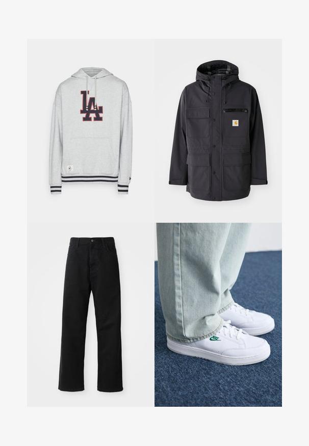Črna kapuča jakna z gladkim materialom, ki ima več sprednjih žepov, žep na prsih z zadrgo in logo na obližu.; Siva kapuca s kapuco, ki vsebuje velik "LA" logotip v temno modri barvi z rdečimi detajli, vrvici, sprednji žep ter črtaste detajle na manšetah in robu.; Črni kavbojki z ravnim krojem, ki imajo sprednje žepke, zadrgo in en zgornji gumb. Teksturovan material z mat zaključkom.; Bela usnjena športna obutev z zelenim Nike logotipom, okrogla konica, ravna podplat, v kombinaciji z svetlo modrimi kavbojkami, prikazana na modrem preprogu.