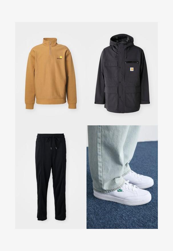 Czarna kurtka z kapturem, uszyta z gładkiego materiału, z licznymi kieszeniami z przodu, kieszenią na zamek błyskawiczny na klatce piersiowej oraz naszywką z logo.; Bluza typu pulower z materiału polarowego w kolorze beżowym; posiada pół-zamek, ściągacze na rękawach oraz kontrastowe logo na piersi.; Czarne spodnie casualowe z gumką w pasie, z kieszeniami wszytymi po bokach i prostym krojem na jednolitym tle.; Białe skórzane sneakersy z zielonym logo Nike, okrągły czubek, płaska podeszwa, zestawione z jasnoniebieskimi dżinsami, pokazane na niebieskim dywanie.