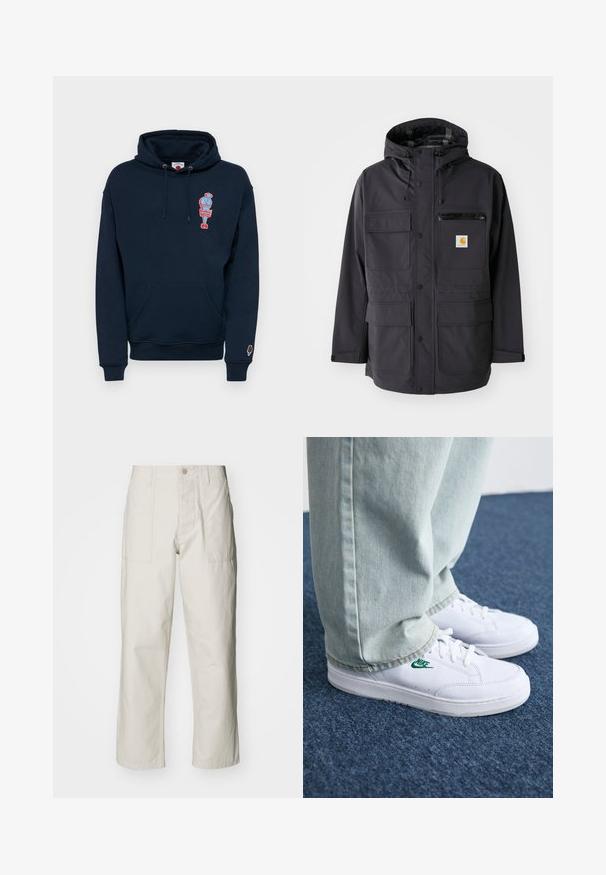 Giacca nera con cappuccio realizzata in tessuto liscio, caratterizzata da molteplici tasche frontali, una tasca sul petto con zip e un patch con logo.; Felpa blu navy realizzata in misto cotone, con tasca a marsupio frontale e una grafica colorata di un gelato sul petto.; Pantaloni a gamba larga beige chiaro in cotone. Presentano tasche frontali e chiusura con bottone. Tessuto liscio con sottili linee verticali.; Sneakers in pelle bianca con logo Nike verde, punta rotonda, suola piatta, abbinati a pantaloni in denim azzurro, mostrati su un tappeto blu.