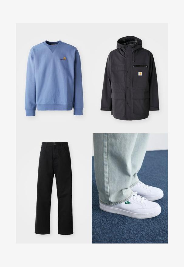 Giacca nera con cappuccio realizzata in tessuto liscio, caratterizzata da molteplici tasche frontali, una tasca sul petto con zip e un patch con logo.; Felpa blu con scollatura rotonda, polsini e orlo a coste, e un piccolo logo ricamato sul petto. Realizzata in un tessuto morbido e testurizzato.; Pantaloni in denim nero con taglio dritto, caratterizzati da tasche frontali, chiusura con zip e un singolo bottone superiore. Tessuto testurizzato con finitura opaca.; Sneakers in pelle bianca con logo Nike verde, punta rotonda, suola piatta, abbinati a pantaloni in denim azzurro, mostrati su un tappeto blu.