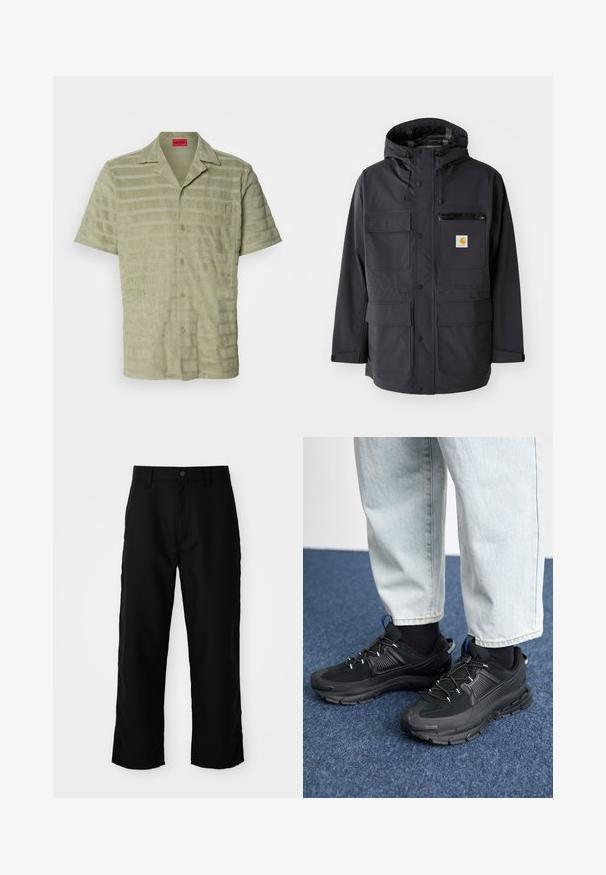 Mustmustaga kapuutsiga jakk, millel on sile kangas, mitu esipakki, lukuga rinnaehe ja logotäht.; Lühikeste varrukatega helesinine särk, tekstuuriga kangas vahelduvate horisontaalsete triipudega, nööpidega sulgemine ja rinna tasku logodetailiga.; Mustad sirgedega püksid, millega on kaasas vööloopid, eesnupu ja tõmbluku sulgemisega, heledal neutraalsel taustal.; Mustad mustad jooksukingad, millel on tekstureeritud kangas ja kummist tallad, elastsed nöörid ning sinine aksent kandadel. Kandmine heledate teksadega.