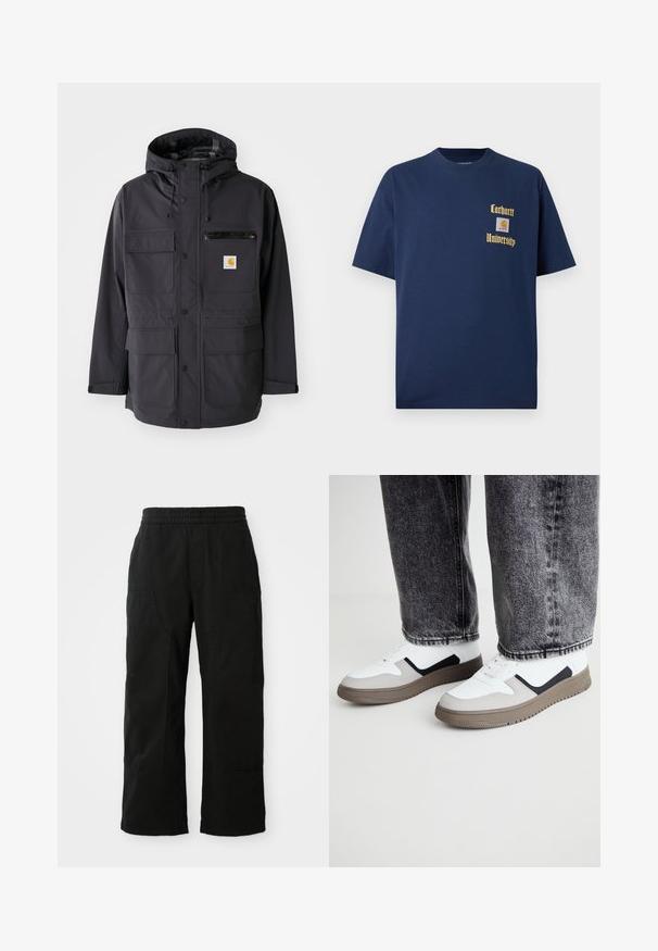 Musta hupullinen takki, jossa on sileä kangas, useita etutaskuja, vetoketjullinen rintatasku ja logopatch.; T-paidat tummansinisestä puuvillasta, joissa on lyhyet hihat. Edessä kultaisella tekstillä "Carhartt University" ja logo-tasku vasemmalla rintapuolella.; Mustat puuvillahousut, joissa on joustava vyötärö, leveät lahkeet ja suuret sivutaskut. Kangas näyttää pehmeältä ja sileältä.; Call it Spring FRESHH - Matalavartiset tennarit - multi-coloured
