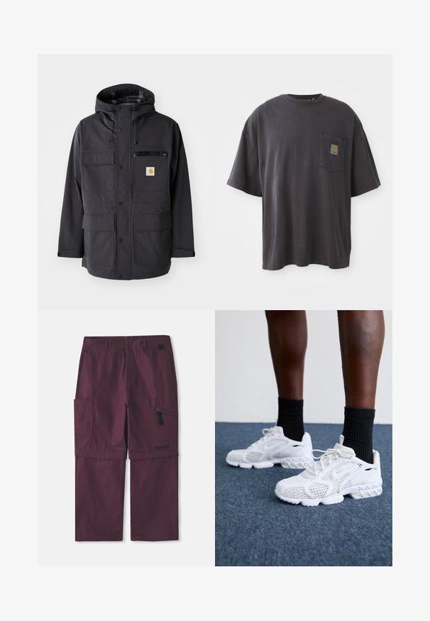 Čierna kapucňová bunda so hladkým materiálom, obsahujúca viacero predných vreciek, vrecko na zips na hrudi a logo nášivku.; Čierne bavlnené tričko s krátkymi rukávmi, okrúhlym výstrihom a vreckom na ľavej hrudi s štvorcovou nášivkou loga. Jednoduchý a nenáročný dizajn.; Burgundské cargo konvertibilné nohavice s bočnou zipsovou vreckou a logom Timberland na pravej nohe, zobrazený predĺžený vnútorný šev.; Biele športové topánky s priedušnou sieťovinou, textúrovanými akcentmi a polstrovanou podrážkou. Kombinované s čiernymi rebrovanými členkovými ponožkami na modrom kobercovom povrchu.