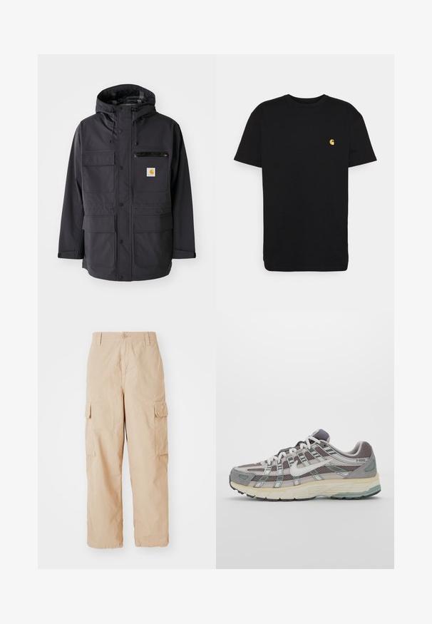 Musta hupullinen takki, jossa on sileä kangas, useita etutaskuja, vetoketjullinen rintatasku ja logopatch.; Musta puuvillapaita lyhyillä hihoilla, pyöreällä kaula-aukolla ja pienellä keltaisella logolla vasemmassa rinta-alueessa. Yksinkertainen muotoilu ja normaali istuvuus.; Beige cargo-housut rentoa istuvuutta, valmistettu kevyestä kankaasta, jossa on kaksi sivutaskua ja nappisulku vyötäröllä.; Harmaa urheilukenkä, jossa on verkko- ja mokkanahkainen yläosa, valkoiset yksityiskohdat, pehmustettu pohja ja erottuva muotoilu heijastavilla elementeillä.