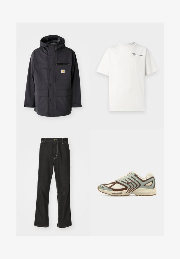 Casaco preto com capuz feito de um tecido suave, apresentando múltiplos bolsos frontais, um bolso no peito com fecho e um emblema.; T-shirt branca de algodão com mangas curtas, gola redonda e texto preto impresso no peito com a escrita "Carhartt Work in Progress 1989".; Calças de ganga pretas de corte largo, com costuras brancas em contraste, fecho de botão e design de perna reta.; Sapatilha azul claro e castanho com parte superior em malha texturizada, design em camadas, acabamentos reflexivos e uma entressola em creme acolchoada.