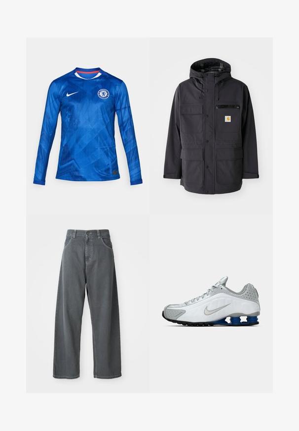 Jachetă neagră cu glugă, realizată dintr-un material neted, având mai multe buzunare frontale, un buzunar pe piept cu fermoar și un patch cu logo.; Tricou de fotbal cu maneca lunga, de culoare albastra, cu un model geometric, logo-ul Nike si emblema Chelsea FC. Are un guler rotund cu accente rosii si albe.; Pantaloni largi din denim gri cu talie înaltă, având buzunare frontale, bucle pentru curea și închidere cu nasture la talie.; Pantoflă de alergare Nike albă și gri, cu swoosh argintiu, unități de talpă de tip arc albastru și apăsare neagră, pe un fundal simplu.