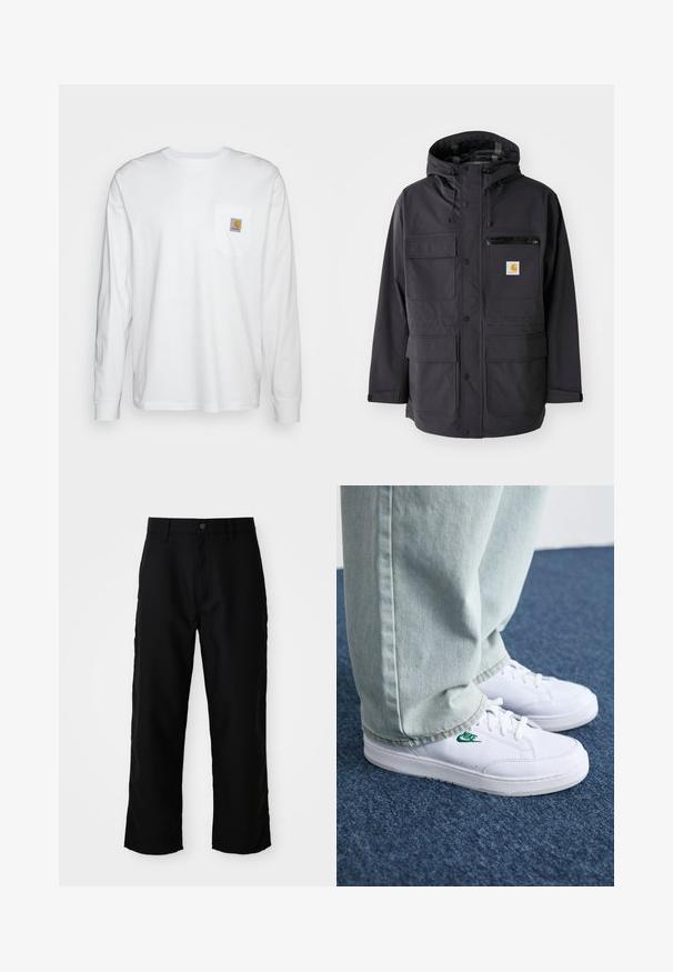 Schwarze Kapuzenjacke aus glattem Material, ausgestattet mit mehreren Vordertaschen, einer mit Reißverschluss versehenen Brusttasche und einem Logopatch.; Langärmliges, weißes Hemd aus Baumwolle mit einer Brusttasche und einem quadratischen Logopatch. Einfaches Design mit rundem Ausschnitt und gefütterten Ärmeln.; Schwarze gerade geschnittene Hose mit Gürtelschlaufen, vorderem Knopf und Reißverschluss auf hellem, einfarbigem Hintergrund.; Weiße Leder-Sneaker mit grünem Nike-Logo, runde Zehenpartie, flache Sohle, kombiniert mit hellblauen Jeans, präsentiert auf einem blauen Teppich.